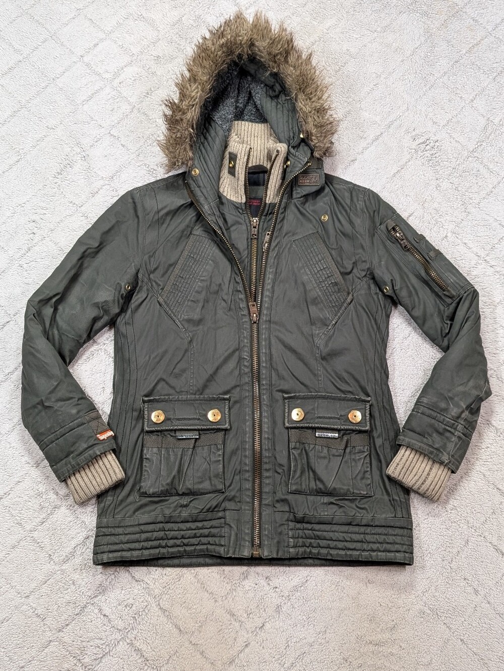 Superdry Jacket Womens M Green Olive Alpine Waxed Parka Hooded Streetwear